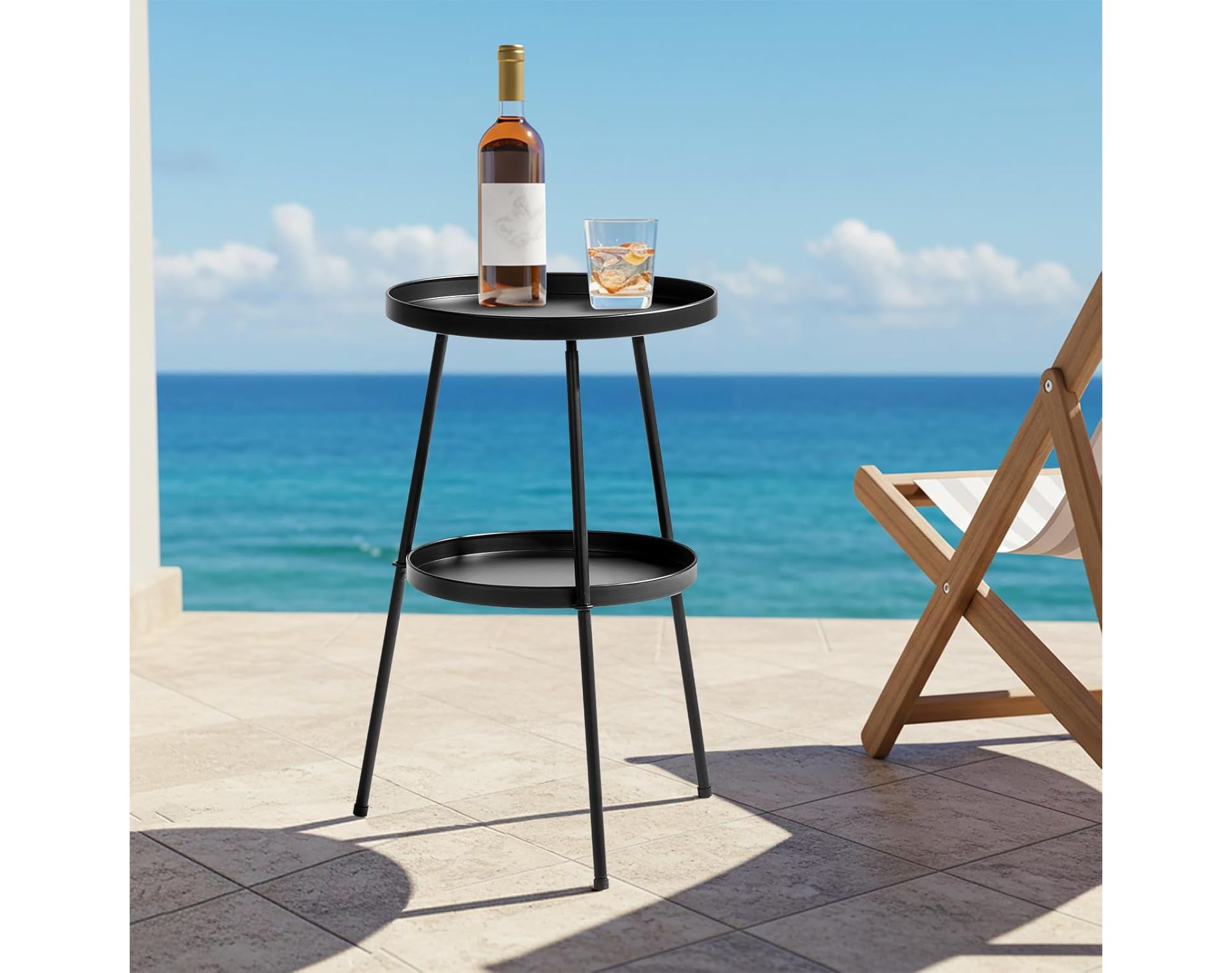 VINGLI 2-Tier Round Outdoor Side Table, Small End Table for Living Room, Bedroom, Office & Outdoor - Metal Coffee Table Nightstand