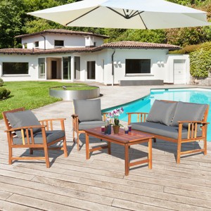 Costway 4PCS Wooden Patio Furniture Set Table Sofa Chair Cushioned Garden NEW - 1 of 4