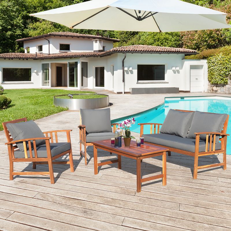 Costway 4PCS Wooden Patio Furniture Set Table Sofa Chair Cushioned Garden NEW, 1 of 11