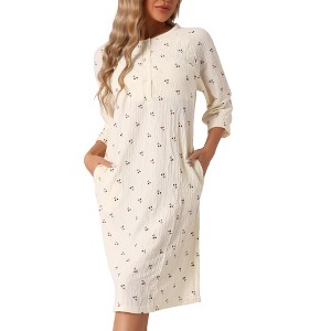 INSPIRE CHIC Women's Front Button 3/4 Sleeve Crew Neck Sleepdress with Pockets - 1 of 4