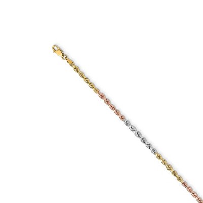 Black Bow Jewelry 3mm 14k Tri-Color Gold, D/C Solid Rope Chain Necklace