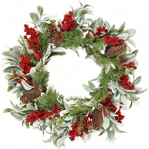 19 Inch Artificial Wreath Front Door Flocked Lambs Ear Wreath with Red Berries Pine Needles Pinecones Decorations Wall Outdoor - 1 of 4