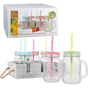 D'Eco Mason Jar Tray Set - 6 Mason Jars (16 oz each) w Colorful Lids & Reusable Straws - Includes Wooden Tray for Easy Carrying, Serving, and Travel - 1 of 4