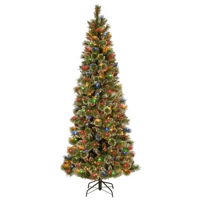 National Tree Company 7' Glittering Pine Pencil Slim Artificial Christmas Tree with Silver Glittered Cones 300 Multi Lights & PowerConnect