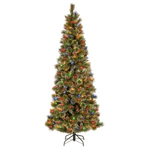 National Tree Company 7' Glittering Pine Pencil Slim Artificial Christmas Tree with Silver Glittered Cones 300 Multi Lights & PowerConnect - 1 of 3