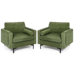 Costway Set of 2 Accent Armchair Single Sofa w/ Bolster & Side Storage Pocket Army Green - 1 of 4