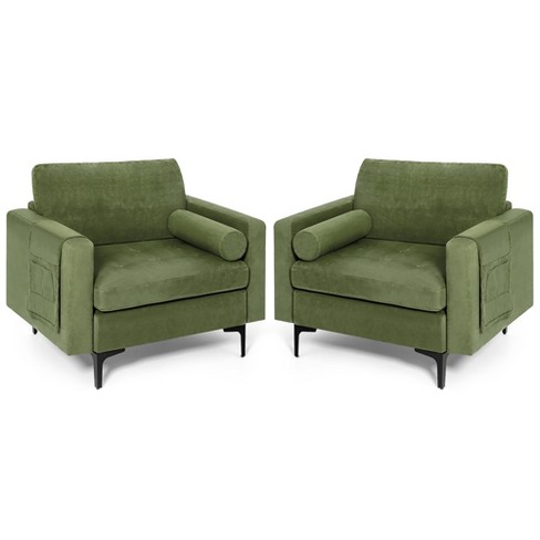 Costway Set of 2 Accent Armchair Single Sofa w Bolster Side Storage Pocket Army Green