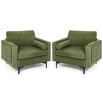 Costway Set of 2 Accent Armchair Single Sofa w/ Bolster & Side Storage Pocket Army Green