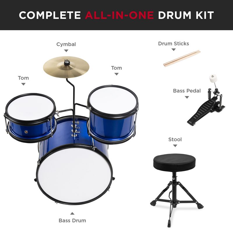 Best Choice Products Kids Beginner 3-Piece Drum, Musical Instrument Set w/ Sticks, Cushioned Stool, Drum Pedal, 6 of 10