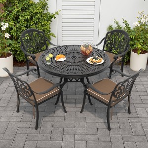 5-Piece Cast Aluminum Outdoor Dining Set with Brown Cushions, Round Table & Stackable Chairs - for Patio, Backyard - 1 of 4