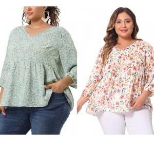 Women's Plus Size 2 Pieces V Neck Babydoll 3/4 Sleeve Pleat Floral Flowy Blouses - Agnes Orinda - 1 of 4