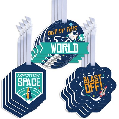 Big Dot of Happiness Blast Off to Outer Space - Assorted Hanging Rocket Ship Baby Shower or Birthday Party Favor Tags - Gift Tag Toppers - Set of 12