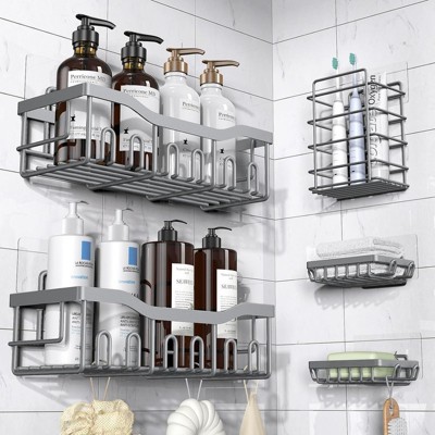 Attop Dark Grey 5-Pack Rust-Resistant Stainless Steel Large Capacity Shower Shelves - No Drilling or Gluing Required Bathroom Storage Racks