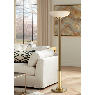 Antique Brass Gold Metal Torchiere Floor Lamp with Frosted Glass Shade