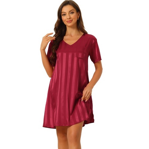 cheibear Women's Short Sleeve Striped Sleepwear Pajama Dress Nightgown Wine  Red Small