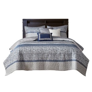Gulches King/Cal King 6 Piece Reversible Jacquard Quilt Set with Throw Pillows Navy - 1 of 4