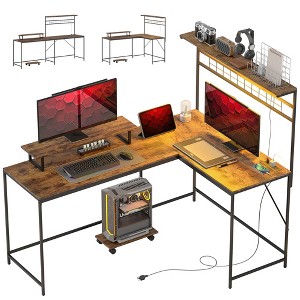 HOMCOM 61.6" L Shaped Desk with Power Outlets & LED Lights, Convertible Computer Desk with Monitor Stand and Computer Shelf for Home Office, Brown - 1 of 4