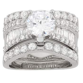 3.91 CT. T.W. 8mm Round-Cut Cubic Zirconia with Baguette Side Stones 3-Piece Ring Set In Sterling Silver - (8)
