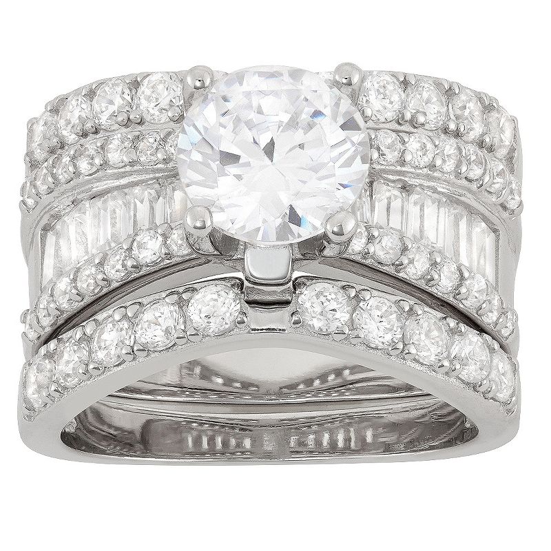 3.91 CT. T.W. 8mm Round-Cut Cubic Zirconia with Baguette Side Stones 3-Piece Ring Set In Sterling Silver - (8), 1 of 4