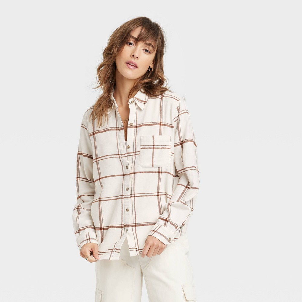 Women's Relaxed Fit Long Sleeve Flannel Button-Down Shirt - Universal Thread Cream Plaid M, Ivory Plaid | Target