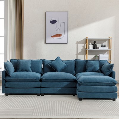 Whisen Modern Luxury L-Shape Chenille Upholstered Sectional Sofa Couch with Ottoman and 5 Pillows