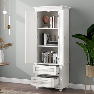 Freestanding Storage Cabinet, Tall Storage Cabinet with 2 Doors 2 Drawers Sturdy Storage Cabinet For Bathroom Kitchen Living Room Bedroom Storage
