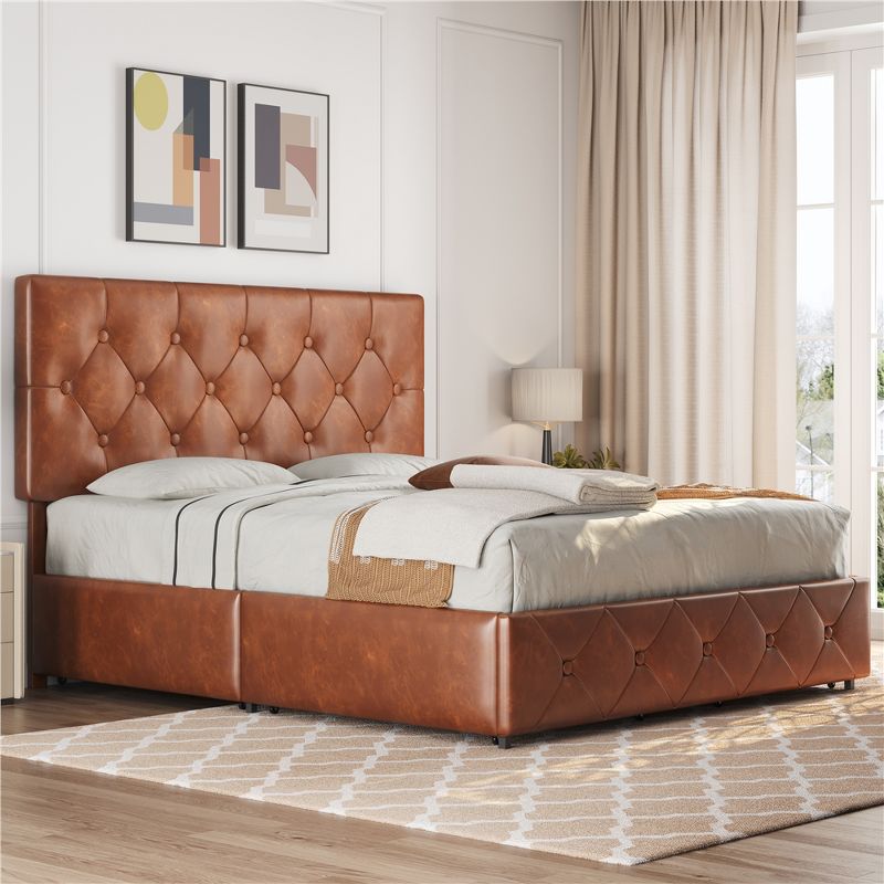 Yaheetech Upholstered Faux Leather Bed Frame with Adjustable Headboard, 2 of 8