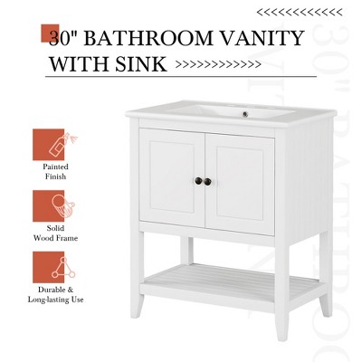 White 30" Modern Bathroom Vanity with Ceramic Sink and Solid Wood Frame