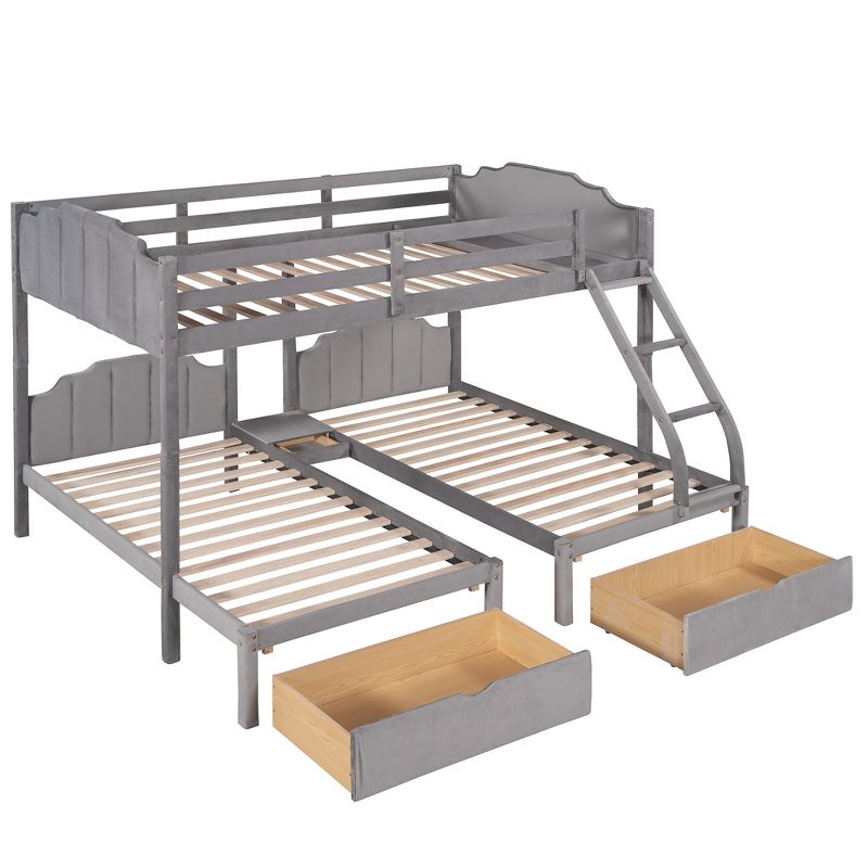 Full Over Twin & Twin Bunk Bed, Velvet Triple Bunk Bed with Drawers and Guardrails-ModernLuxe, 5 of 16