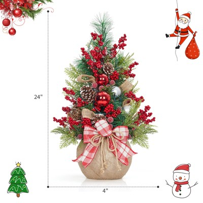 24 Inch Mini Pre-Lit Christmas Tree, Artificial Table Xmas Tree With Red Berries & Pine Cones, Artificial Christmas For Home Office Party Holiday