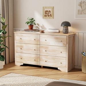 VINGLI 57" Unfinished Solid Wood Dresser for Color DIY, 6 Drawer Long Chest with Drawers, Natural Rubberwood - 1 of 4