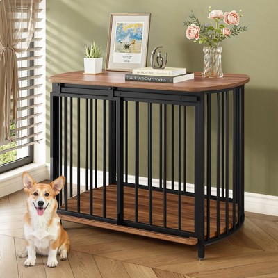 Okak 31.5IN Farmhouse Dog Crate with 2 Sliding Doors, Dog Kennel with Oval Tabletop, Indoor Dog House for Small and Medium Dogs
