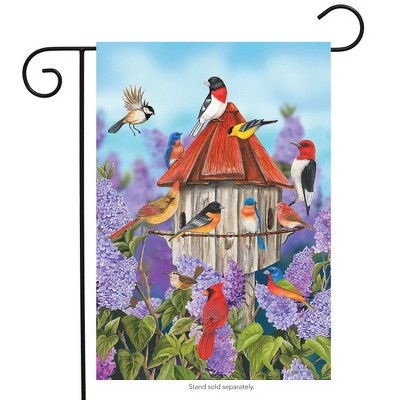Birdhouse and Lilacs Spring Garden Flag with Colorful Birds