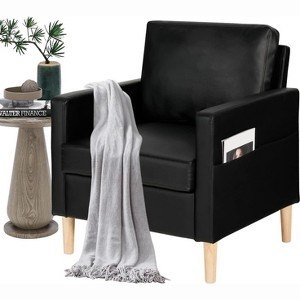 TYBOATLE Faux Leather Accent Chair, Mid-Century Upholstered Reading Armchair with Pockets (Black) - 1 of 4