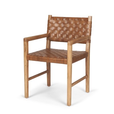 HomeRoots Brown Woven Leather And Solid Wood Dining Arm Chair