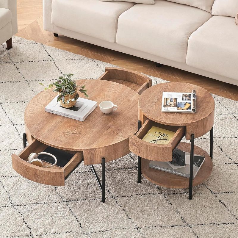 Whizmax Farmhouse Round Coffee Table Solid Wood Center Table with Two Drawers, Brown, 3 of 10