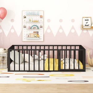 CAVINAS Kids Montessori Bed with Door,Versatile Metal Floor Bed with Fence,Twin/Full/Queen Size Toddler Bed for Bedroom Playroom,Black/White/Pink - 1 of 4