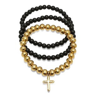 Steeltime Men's set of 3 black lava and stainless steel with cross beaded bracelets. Color Options: Silver, Gold - 1 of 4