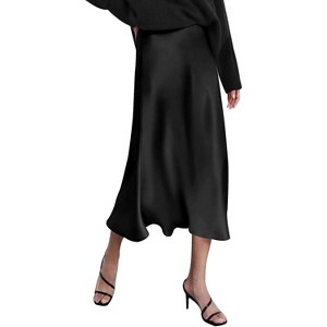 Women's High Waist Satin Midi Skirt - Elegant A-Line Silky Skirt Black - 1 of 4