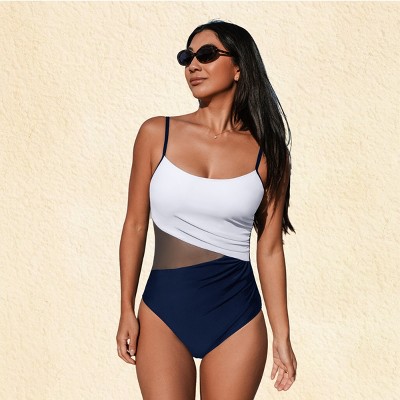 Women's Colorblock Mesh Insert Back Hook One-Piece Swimsuit - Cupshe