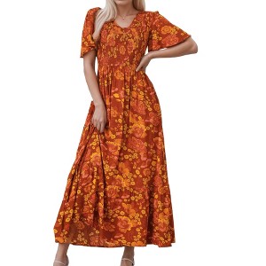 Seta T Women's Floral Short Flutter Sleeve V Neck Smocked High Waist Flowy Maxi Dress - 1 of 4
