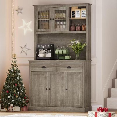 GustoWave 71" Tall Pantry Cabinet with Microwave Stand, Drawers & Adjustable Shelves, Kitchen Storage Cabinet with Coffee Bar Hutch