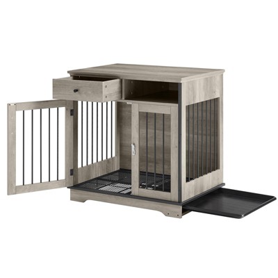 GustoWave 32'' Dog Crate Wooden, Lockable Dog Kennel with Removable Tray and Storage Drawer, Indoor Dog Crate Furniture Pet Cage, Grey