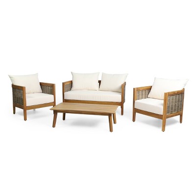 Burchett Outdoor Acacia Wood 4 Seater Chat Set with Cushions - Teak/Brown/Beige - Christopher Knight Home