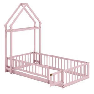 Costway Twin Size House Floor Bed with House-shaped Headboard Clothes Hanger without Slats Gray/Beige/Pink/White - 1 of 4