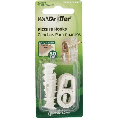 Small White Nylon Self-Drilling Picture Hook, 50 lb Capacity