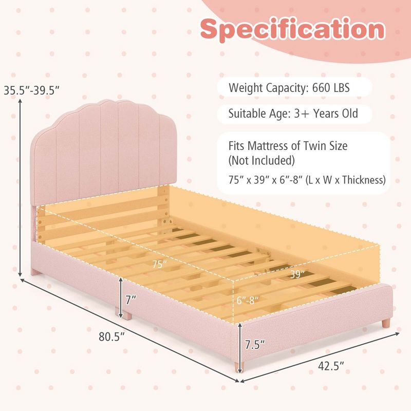 Honeyjoy Kids Twin Platform Bed Frame Upholstered Twin Size Bed with Wooden Slats Support, 3 of 10