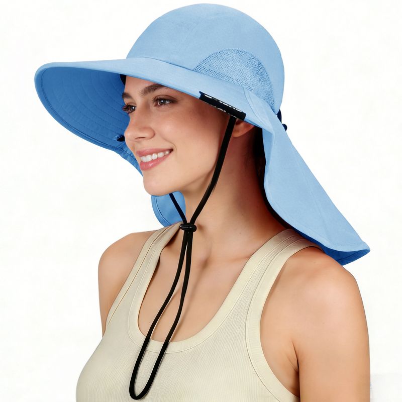 Solaris Women’s Solid Wide Brim Bucket Hat with Neck Flap & Chin Cord – Lightweight, Packable UPF 50+ Boonie Sun Hat for Outdoor (Blue)
