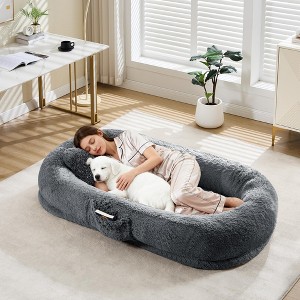 67"x43"x8" Human Dog Bed for Adult & Pets, Faux Fur Removable Human Dogs Bed with Pillow, Portable Handle, Side Pocket - 1 of 4