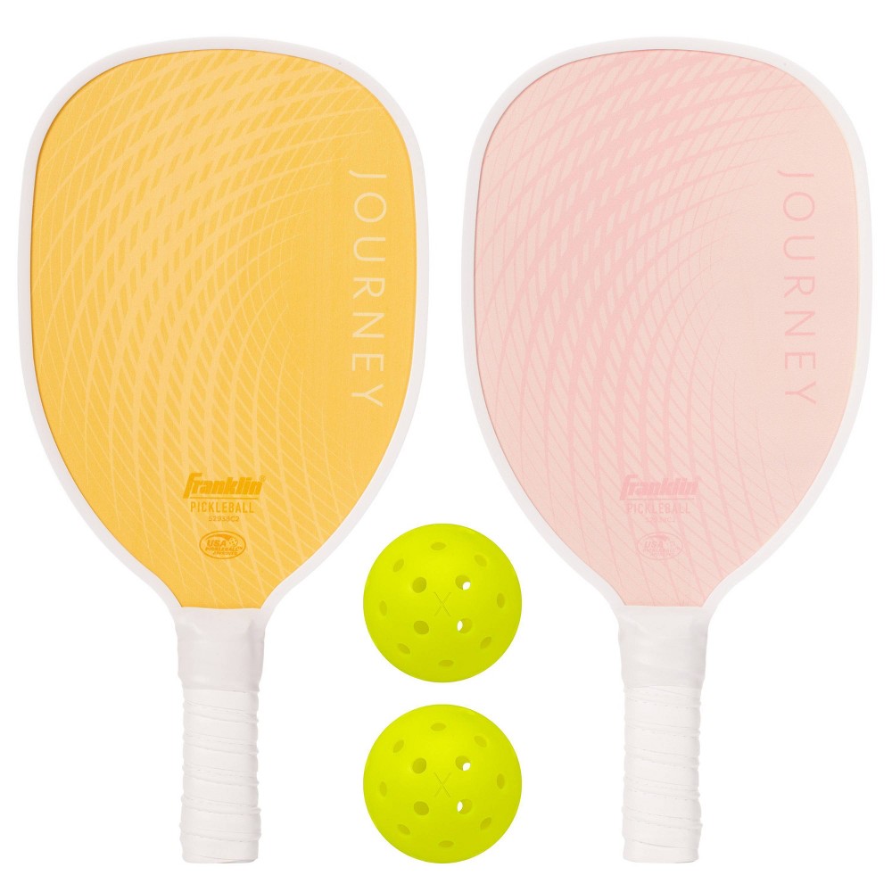 Franklin Sports 2 Player Wood Journey Pickleball Paddle and Ball Set in Mesh Bag - Yellow/Pink: Racquet Grip Size 3-1/4".